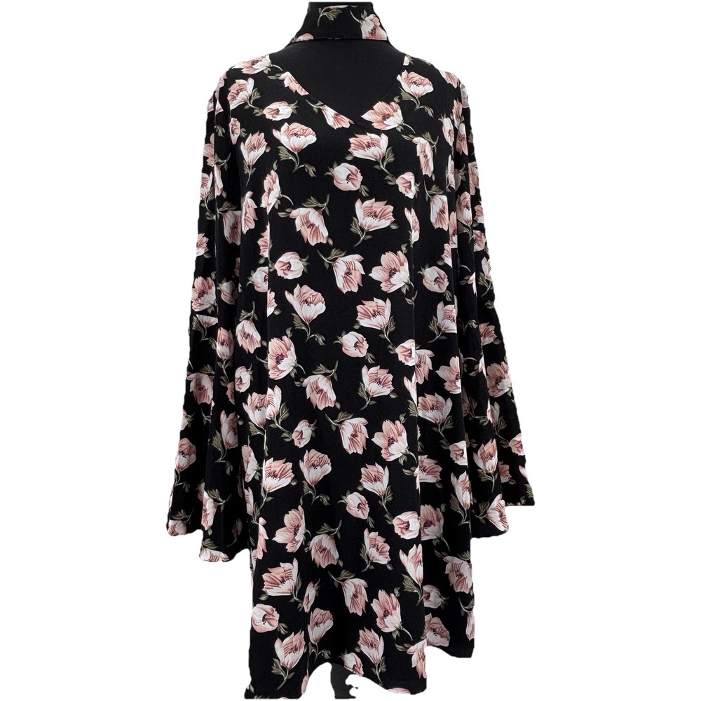 Black floral Romantic goth mini shift dress bell sleeve large fairy‎ grunge